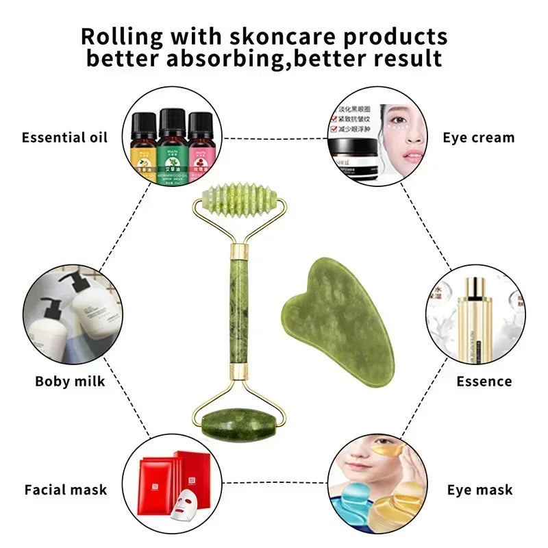 Guasha pierre naturelle Massage visage rouleau de Jade Gua Sha ensemble d'outils de Massage pour SPA corps visage rouleau de massage rouleau visage